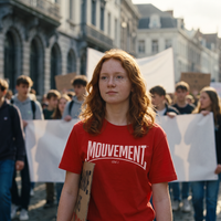 Lycéenne en t-shirt Gen Z rouge « Mouvement » logo blanc dans une marche pacifique de lycéens – t-shirt manif pas cher CHT'M