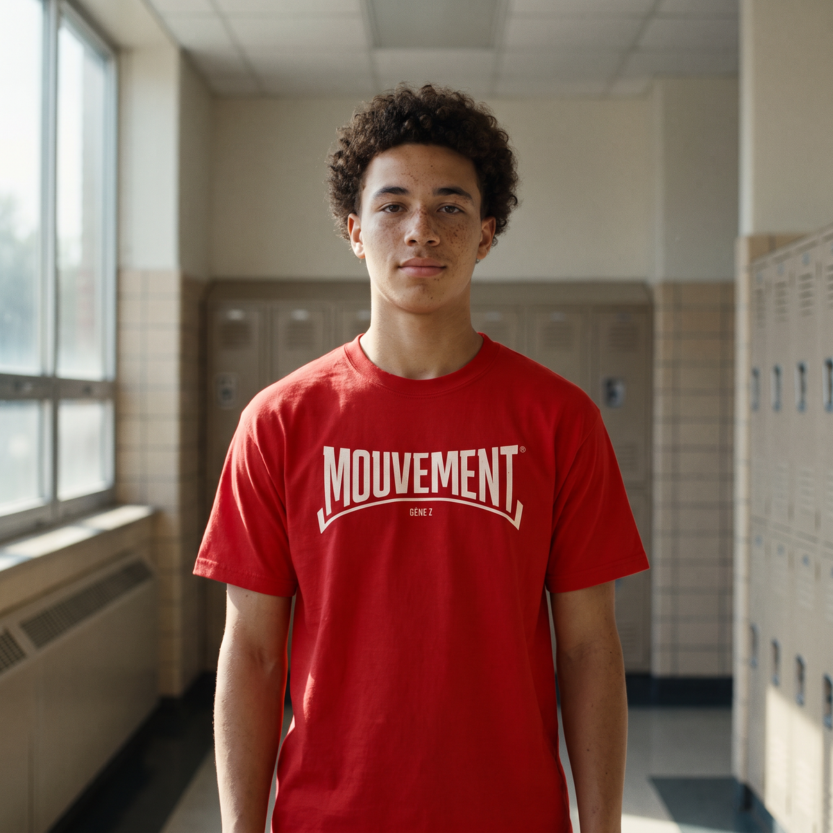 Lycéen portant le t-shirt Gen Z rouge « Mouvement » logo blanc dans un couloir de lycée – tshirt genz pas cher CHT'M
