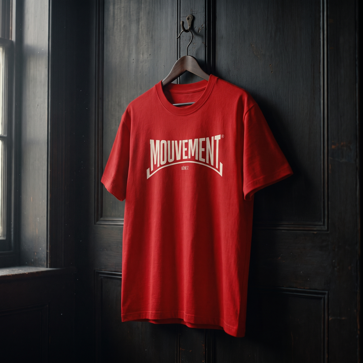 T-shirt Gen Z rouge « Mouvement » logo blanc sur cintre en bois – t-shirt manif original CHT'M