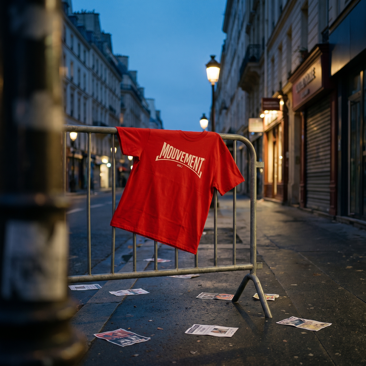 T-shirt Gen Z rouge « Mouvement » logo blanc accroché à une barrière après une marche, à l'heure bleue – t-shirt manif pas cher CHT'M