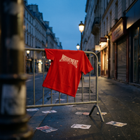 T-shirt Gen Z rouge « Mouvement » logo blanc accroché à une barrière après une marche, à l'heure bleue – t-shirt manif pas cher CHT'M