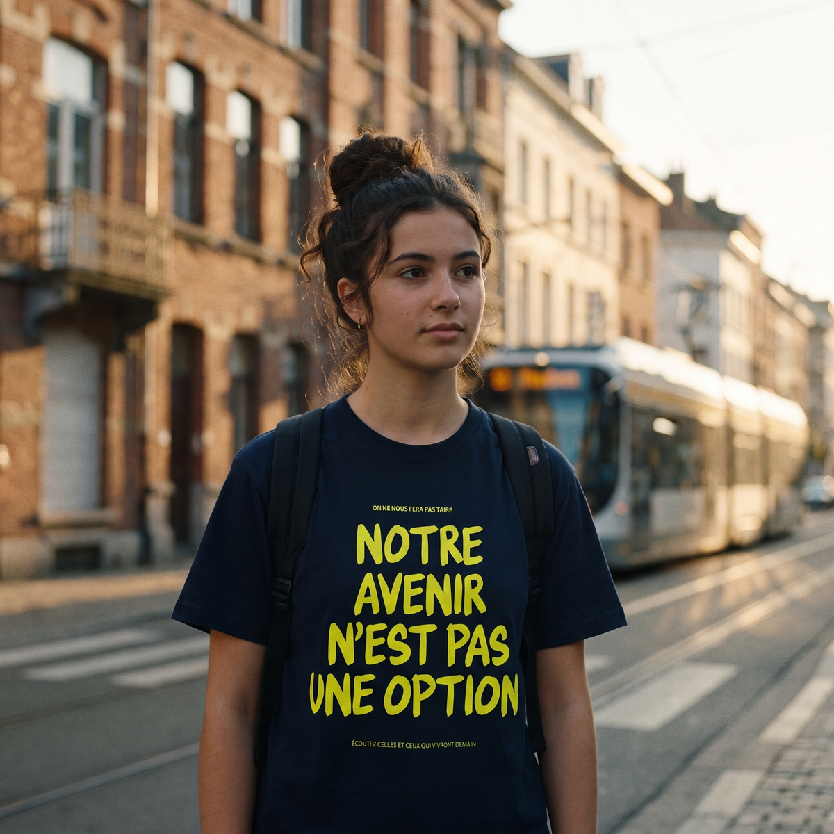 Lycéenne en t-shirt Gen Z bleu marine « Notre avenir n'est pas une option » dans une rue de Bruxelles – tshirt genz pas cher CHT'M