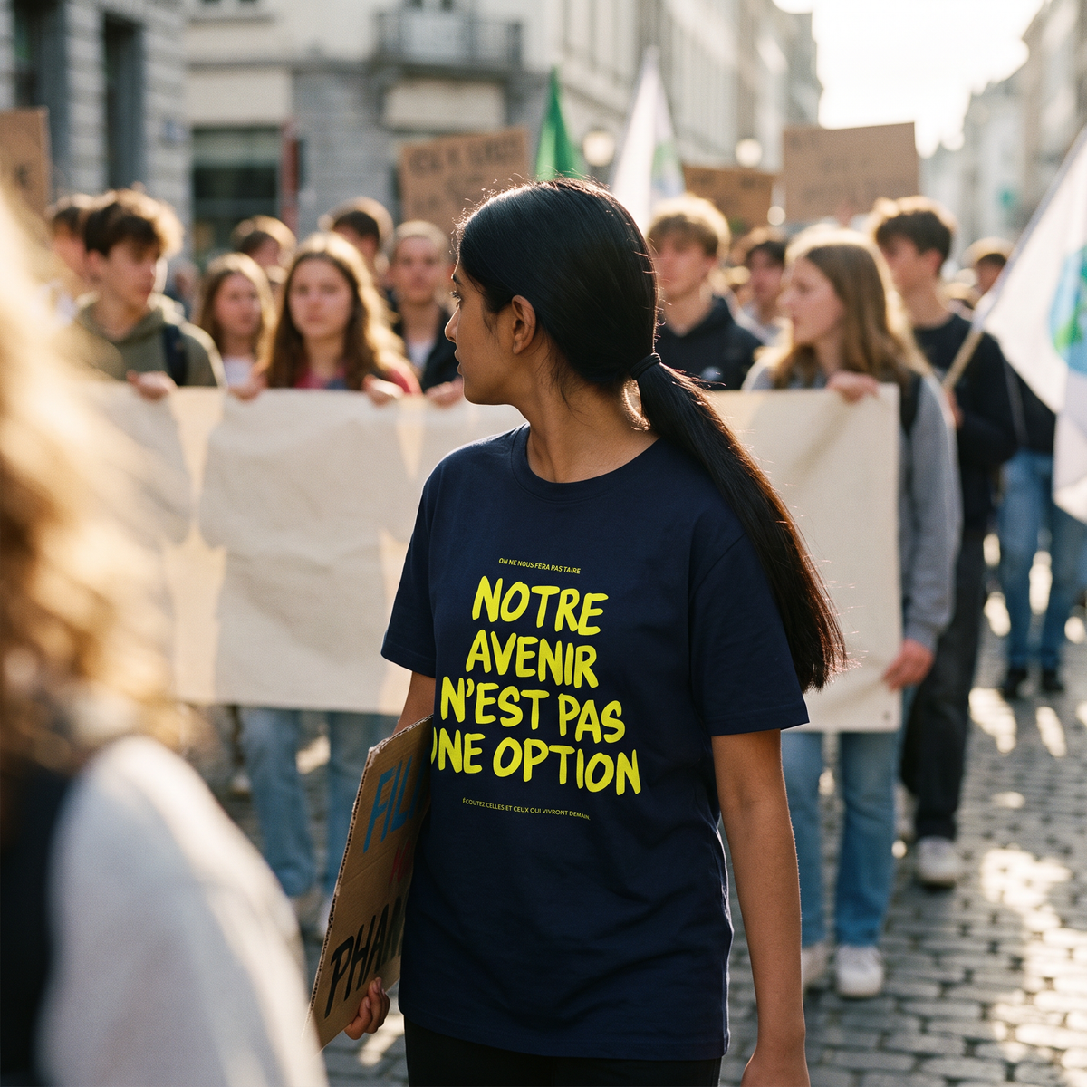 Lycéenne en t-shirt Gen Z bleu marine « Notre avenir n'est pas une option » dans une marche pacifique de lycéens – t-shirt manif pas cher CHT'M