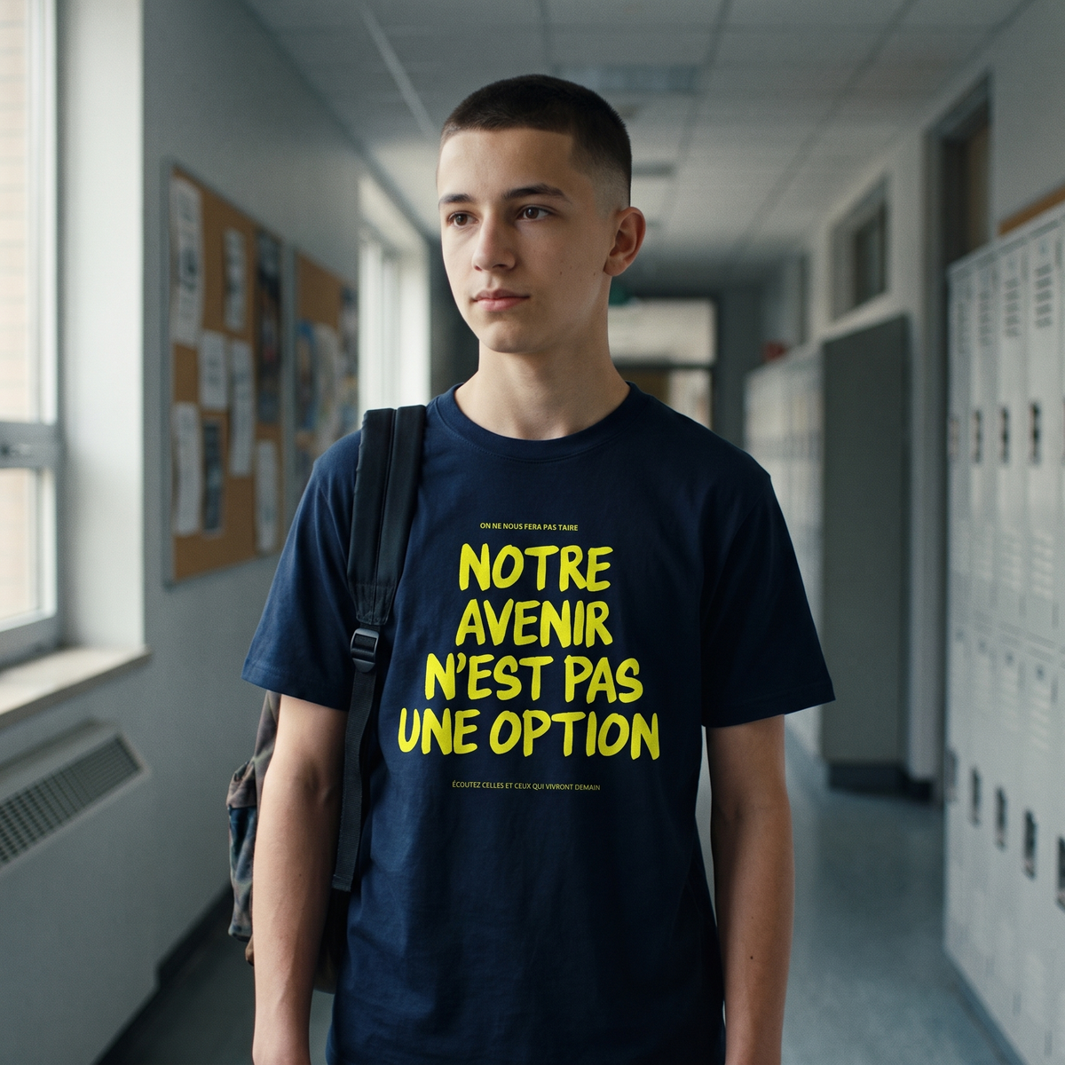 Lycéen portant le t-shirt Gen Z bleu marine « Notre avenir n'est pas une option » dans un couloir de lycée – t-shirt manif pas cher CHT'M