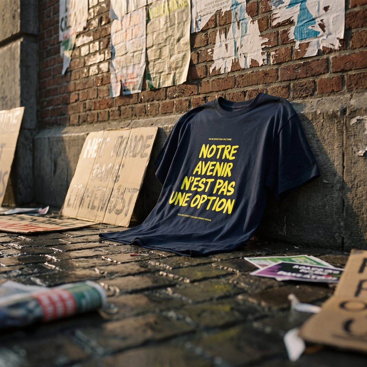 T-shirt Gen Z bleu marine « Notre avenir n'est pas une option » posé sur les pavés après une marche, pancartes en carton – t-shirt manif original CHT'M