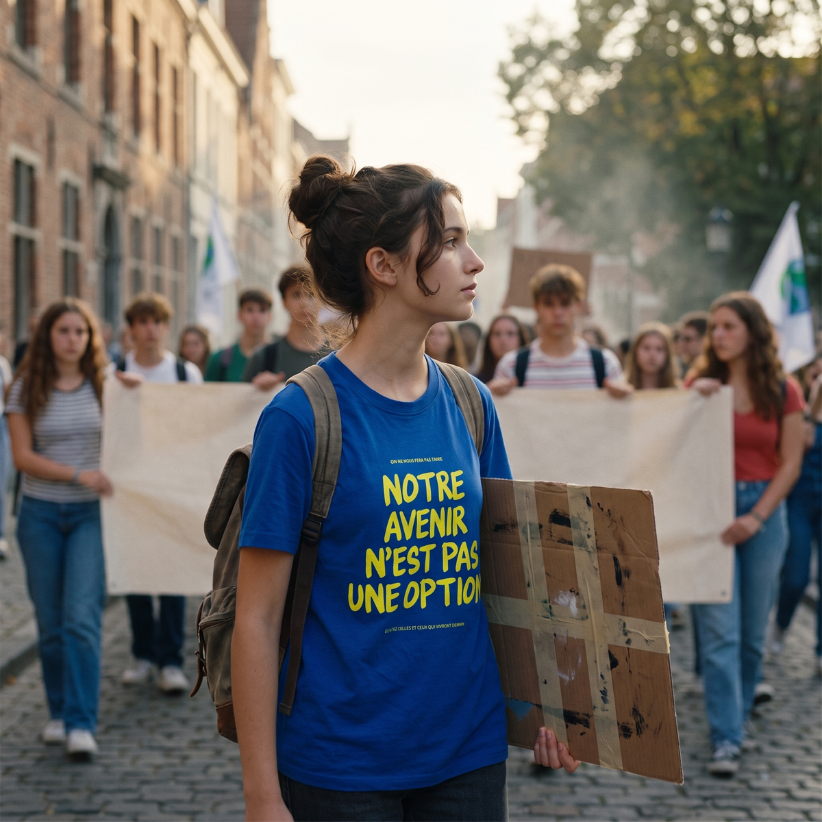 Lycéenne en t-shirt Gen Z bleu roi « Notre avenir n'est pas une option » dans une marche pacifique de lycéens – tshirt genz pas cher CHT'M