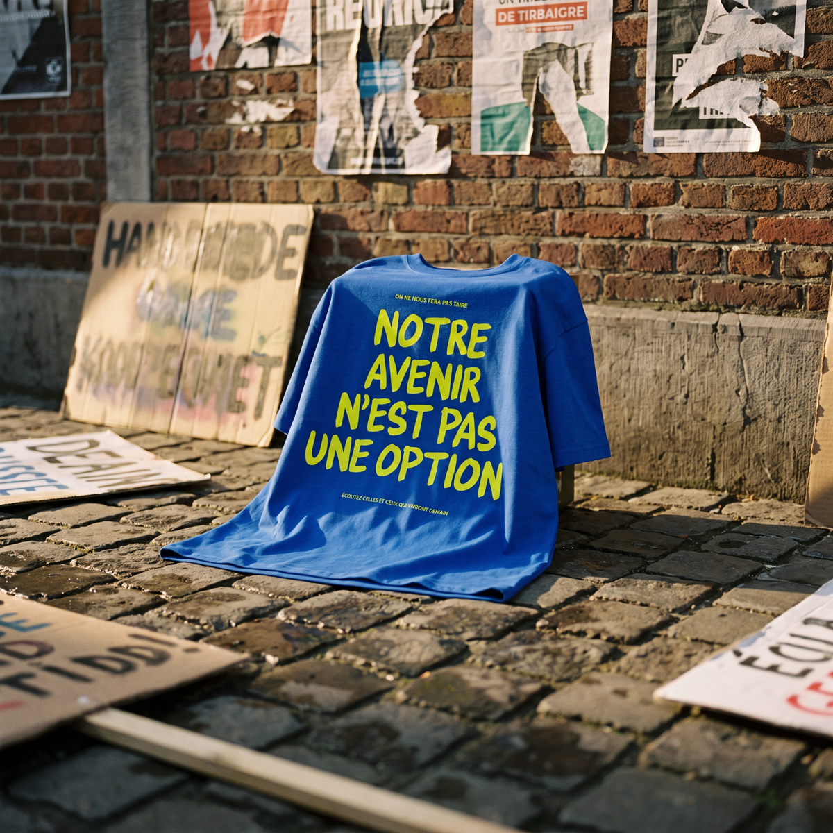 T-shirt Gen Z bleu roi « Notre avenir n'est pas une option » posé sur les pavés après une marche, pancartes en carton – t-shirt manif original CHT'M