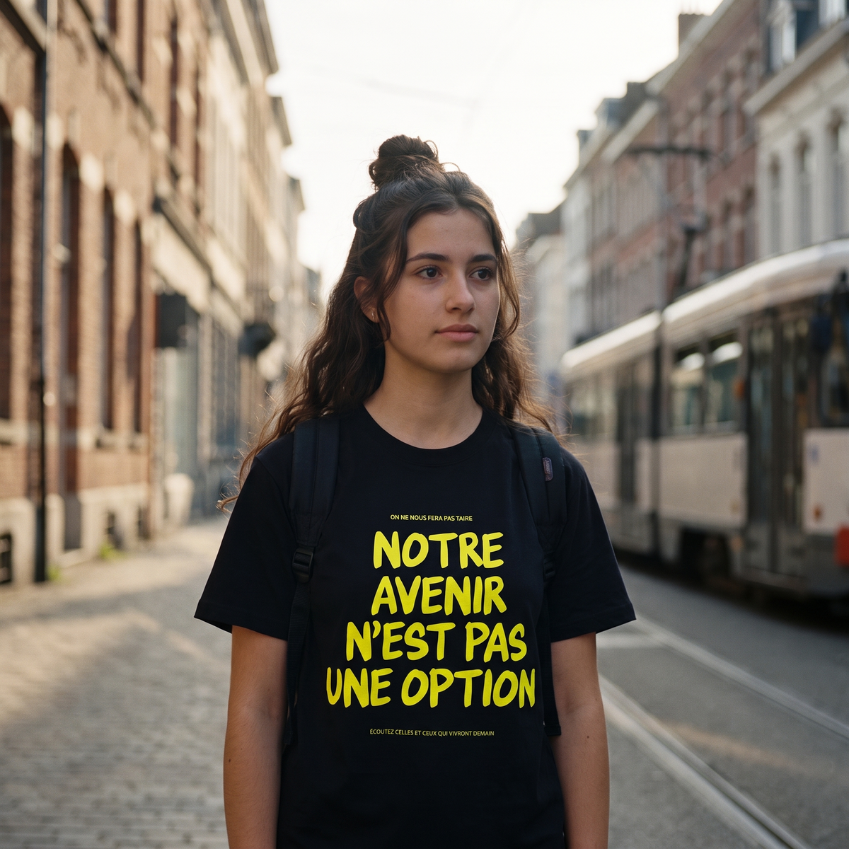 Lycéenne en t-shirt Gen Z noir « Notre avenir n'est pas une option » dans une rue de Bruxelles – tshirt genz pas cher CHT'M