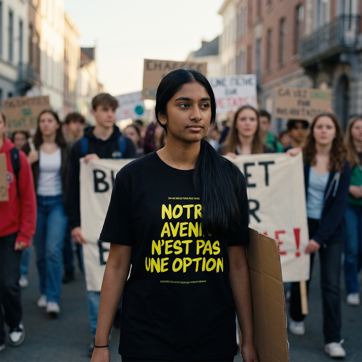 Lycéenne en t-shirt Gen Z noir « Notre avenir n'est pas une option » dans une marche pacifique de lycéens – t-shirt manif pas cher CHT'M