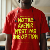 Gros plan du slogan jaune fluo sur le t-shirt Gen Z rouge « Notre avenir n'est pas une option » porté – CHT'M Boutique