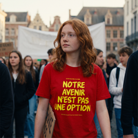 Lycéenne en t-shirt Gen Z rouge « Notre avenir n'est pas une option » dans une marche pacifique de lycéens – t-shirt manif pas cher CHT'M