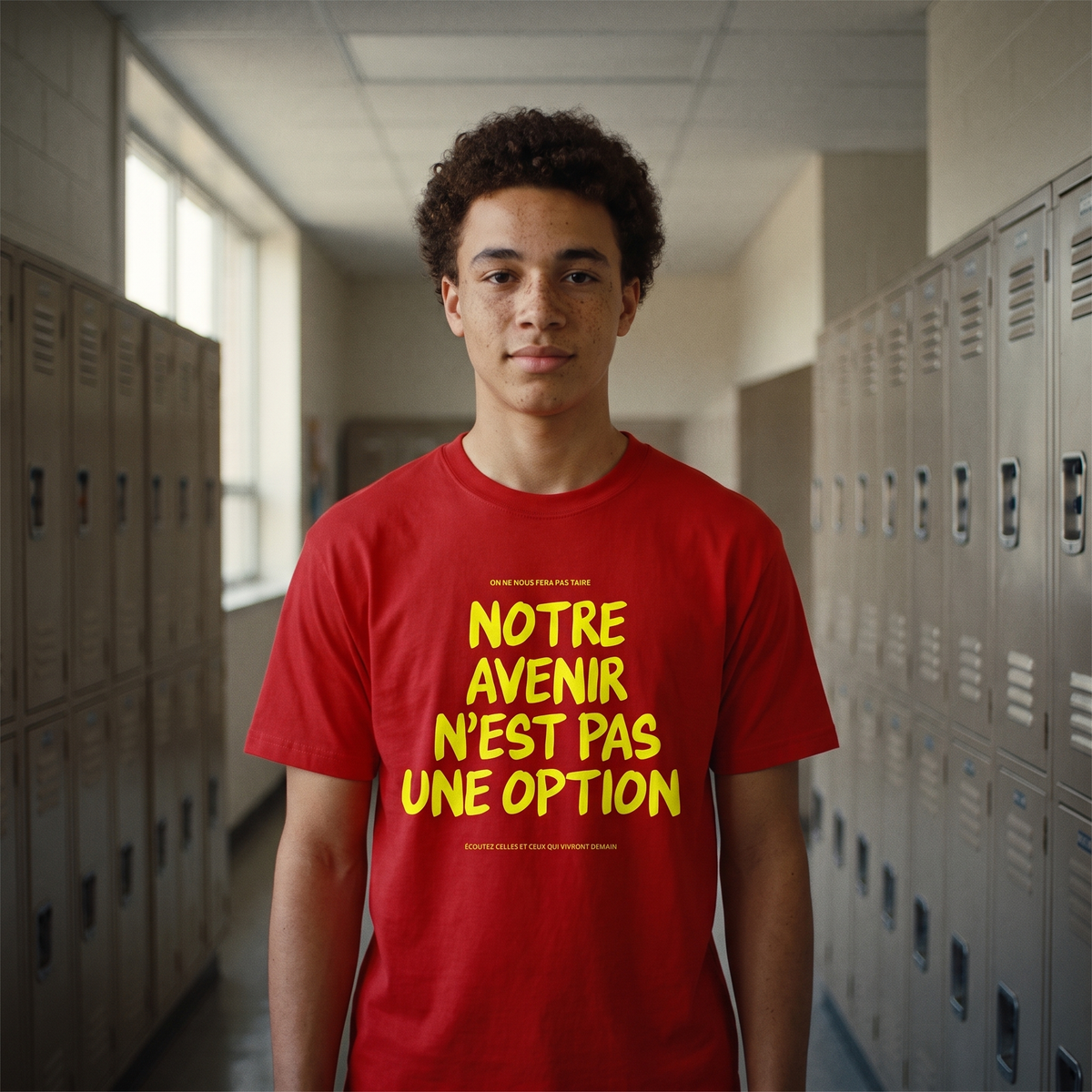 Lycéen portant le t-shirt Gen Z rouge « Notre avenir n'est pas une option » dans un couloir de lycée – t-shirt manif pas cher CHT'M