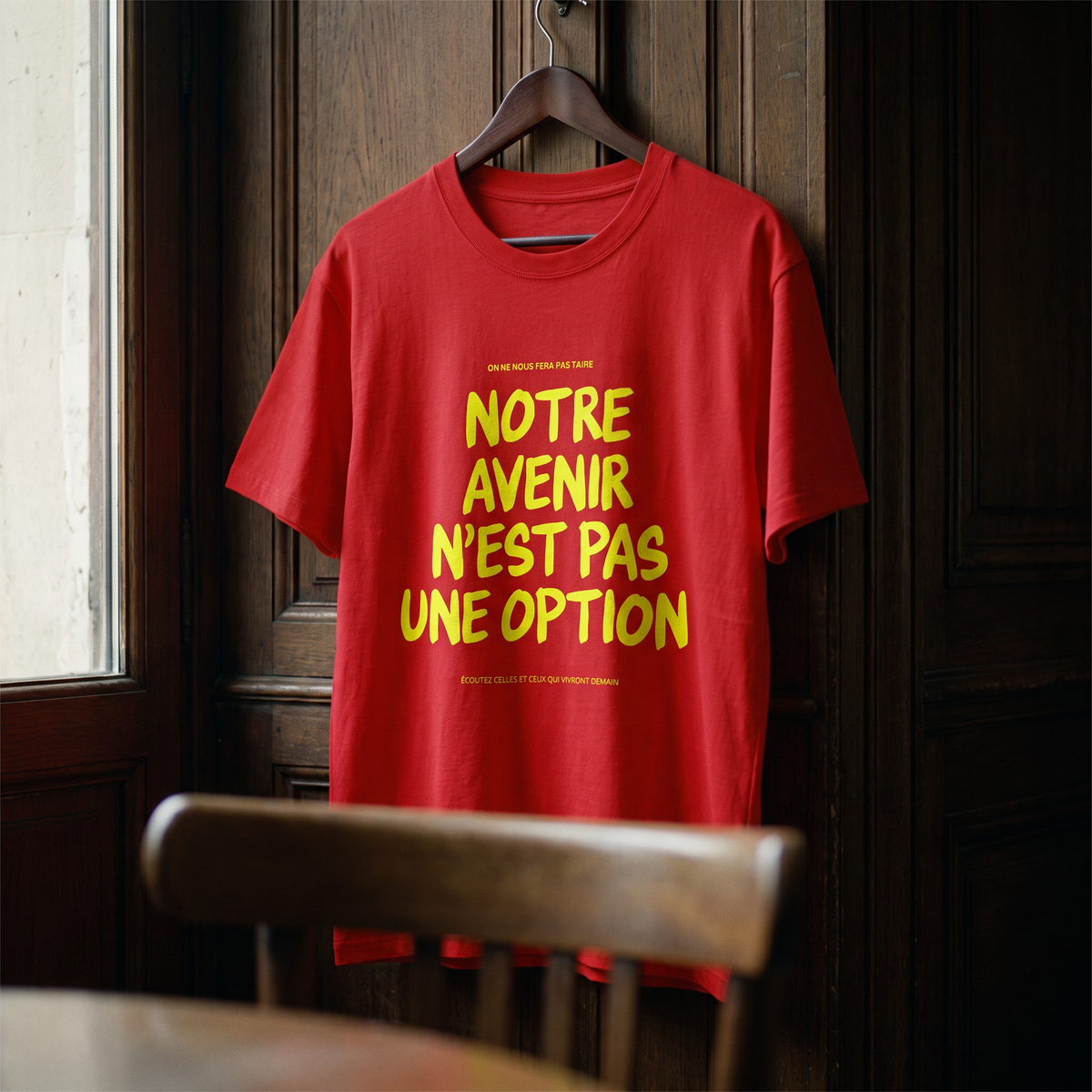 Gros plan du t-shirt Gen Z rouge « Notre avenir n'est pas une option » sur cintre, vue trois-quarts – CHT'M Boutique