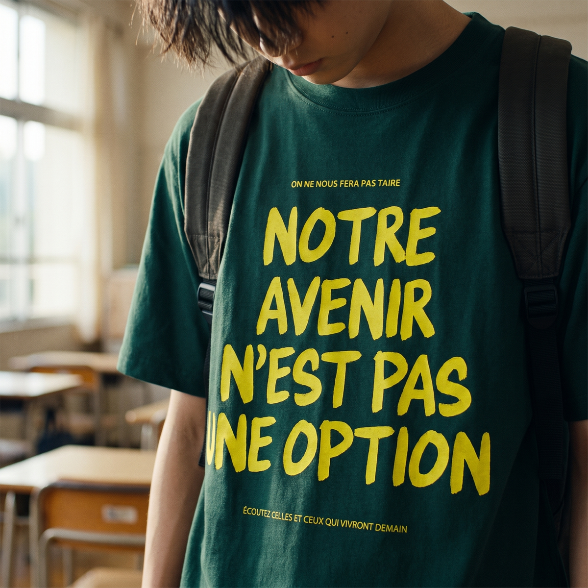 Gros plan du slogan jaune fluo sur le t-shirt Gen Z vert bouteille « Notre avenir n'est pas une option » porté – CHT'M Boutique