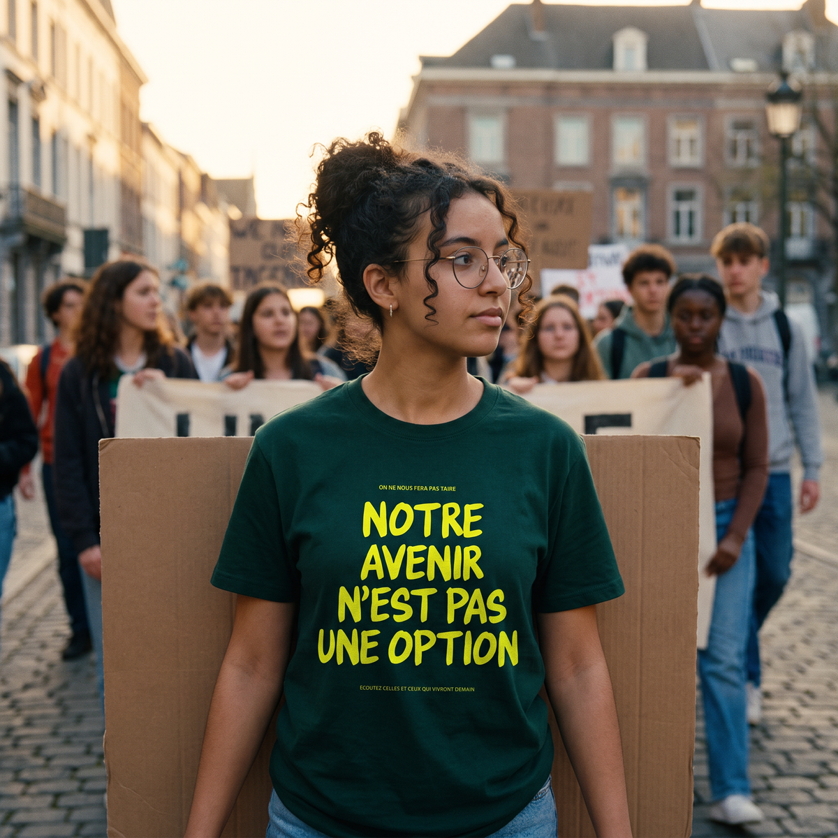 Lycéenne en t-shirt Gen Z vert bouteille « Notre avenir n'est pas une option » dans une marche pacifique de lycéens – tshirt genz pas cher CHT'M