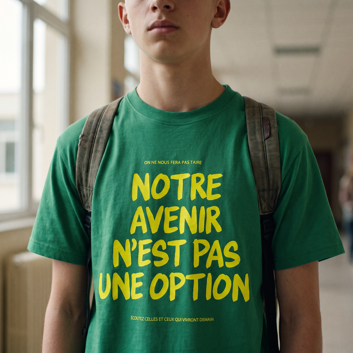 Gros plan du slogan jaune fluo sur le t-shirt Gen Z vert prairie « Notre avenir n'est pas une option » porté par un lycéen – CHT'M Boutique
