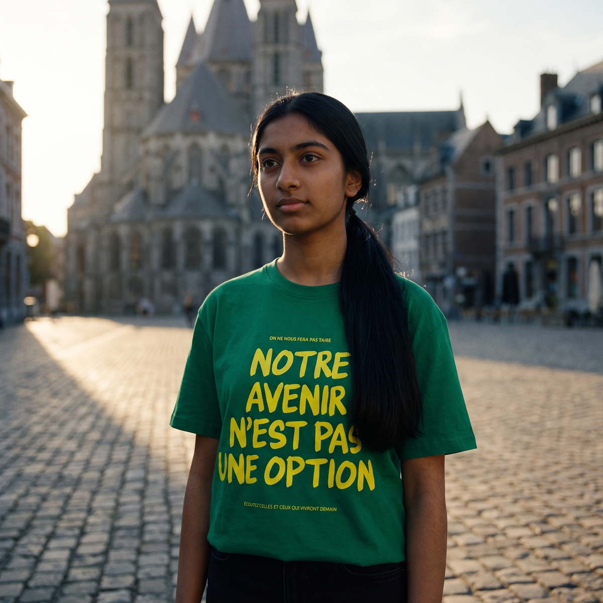 Lycéenne en t-shirt Gen Z vert prairie « Notre avenir n'est pas une option » sur la Grand-Place de Tournai – tshirt genz pas cher CHT'M