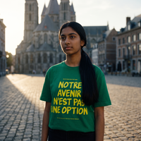 Lycéenne en t-shirt Gen Z vert prairie « Notre avenir n'est pas une option » sur la Grand-Place de Tournai – tshirt genz pas cher CHT'M