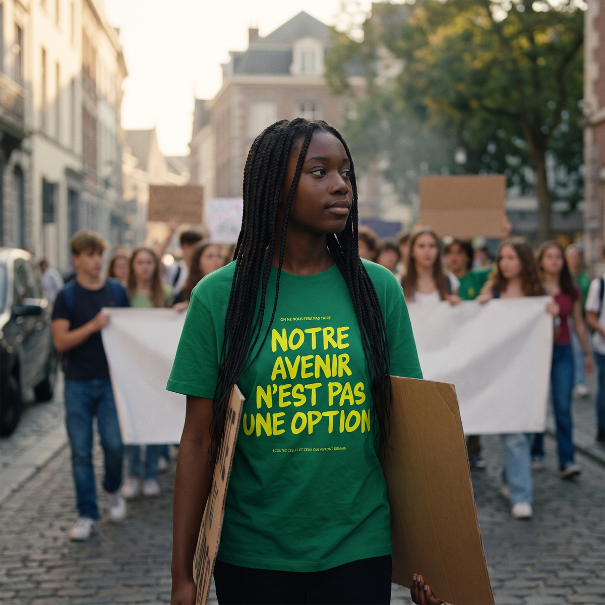 Lycéenne en t-shirt Gen Z vert prairie « Notre avenir n'est pas une option » dans une marche pacifique de lycéens – t-shirt manif pas cher CHT'M