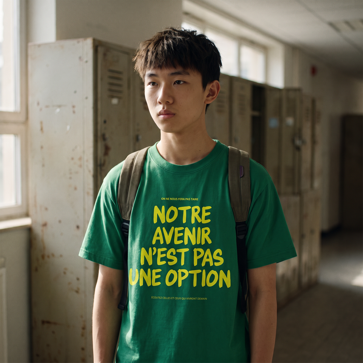 Lycéen portant le t-shirt Gen Z vert prairie « Notre avenir n'est pas une option » dans un couloir de lycée – t-shirt manif pas cher CHT'M