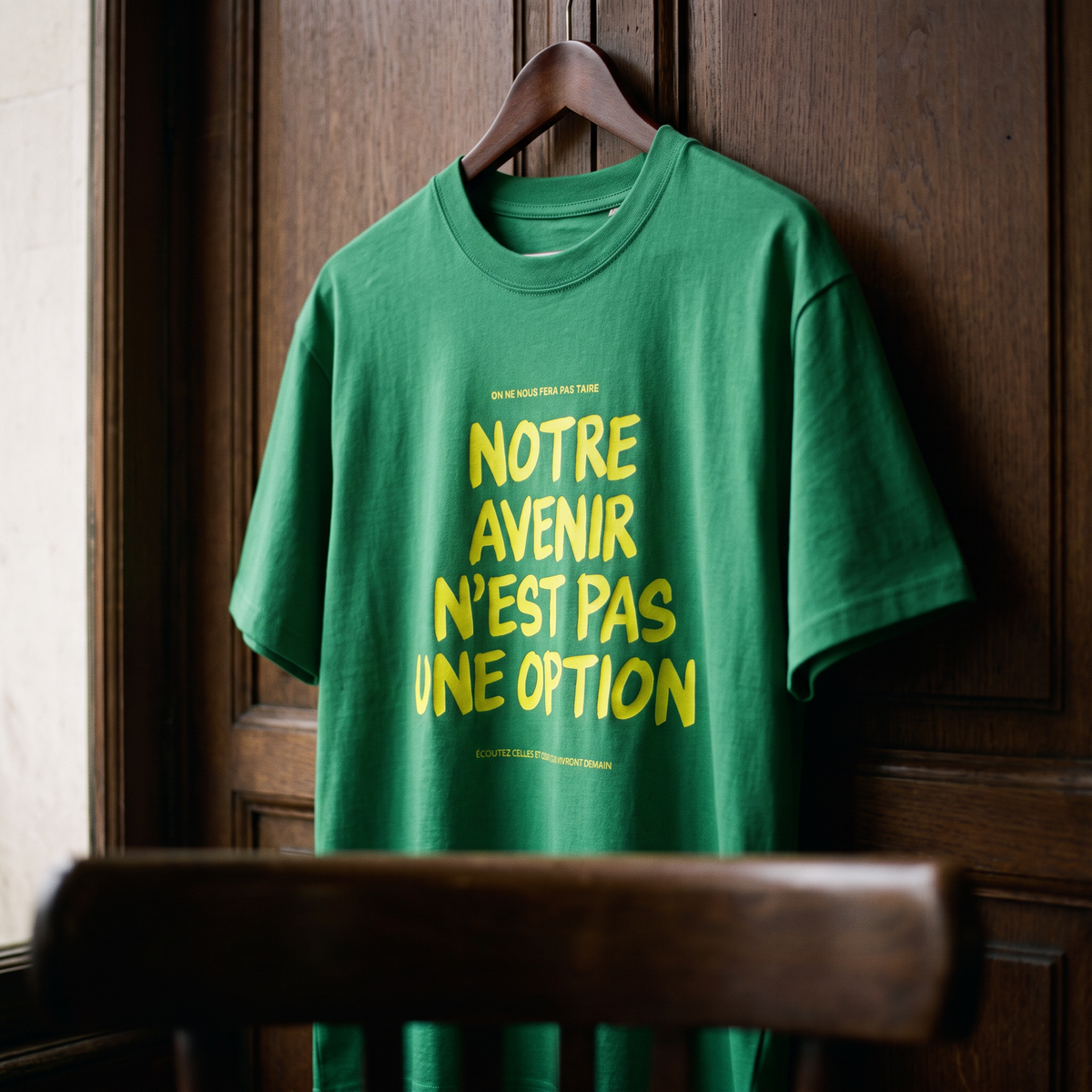 Gros plan du t-shirt Gen Z vert prairie « Notre avenir n'est pas une option » sur cintre, vue trois-quarts – CHT'M Boutique