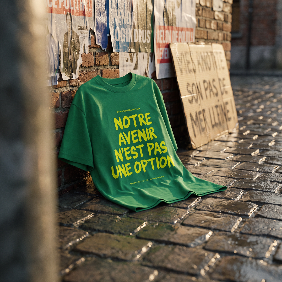 T-shirt Gen Z vert prairie « Notre avenir n'est pas une option » posé sur les pavés après une marche, pancarte en carton – t-shirt manif original CHT'M