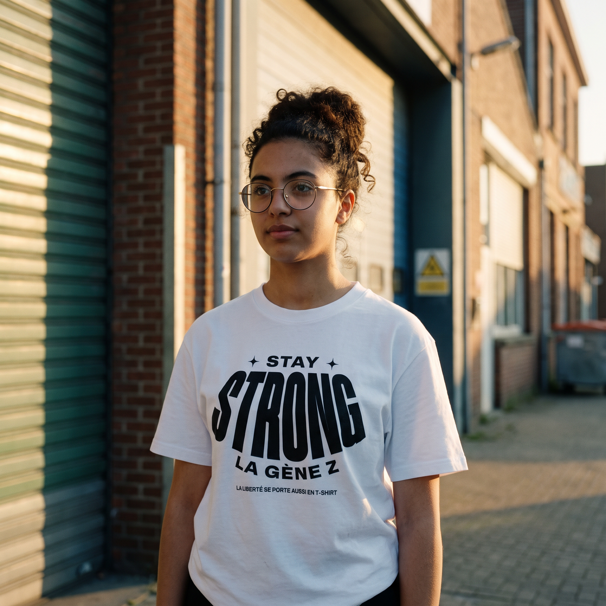Lycéenne en t-shirt Gen Z blanc « Stay Strong la Gène Z » dans une rue d'Anvers – tshirt genz pas cher CHT'M