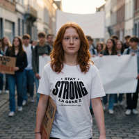 Lycéenne en t-shirt Gen Z blanc « Stay Strong la Gène Z » dans une marche pacifique de lycéens – t-shirt manif pas cher CHT'M