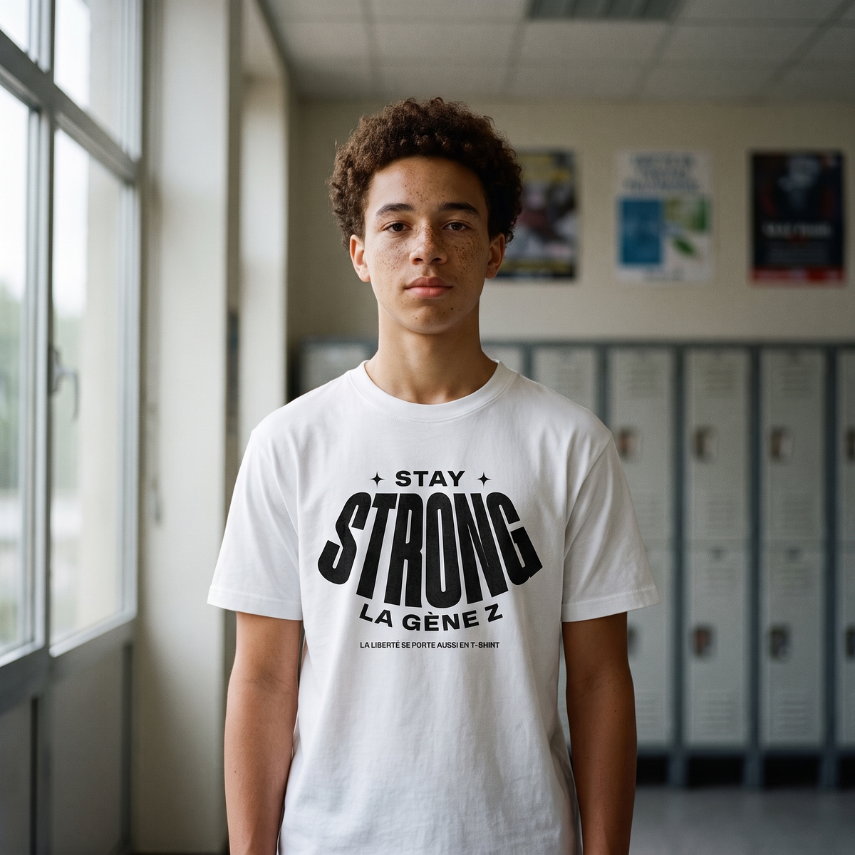 Lycéen portant le t-shirt Gen Z blanc « Stay Strong la Gène Z » dans un couloir de lycée – t-shirt manif pas cher CHT'M