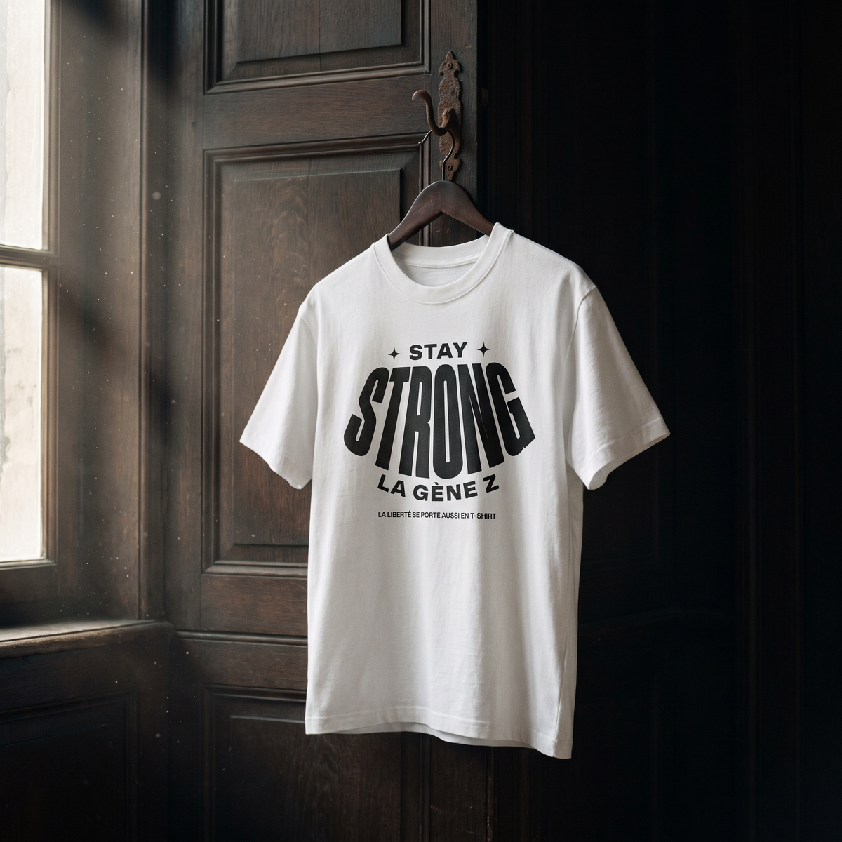 T-shirt Gen Z blanc « Stay Strong la Gène Z » sur cintre en bois dans un intérieur sombre – t-shirt manif original CHT'M