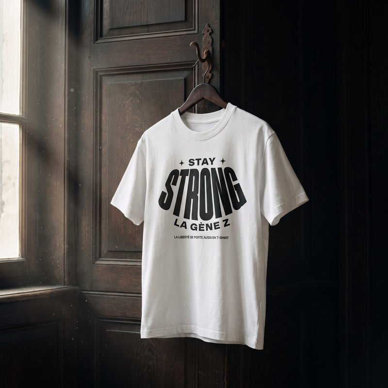 T-shirt Gen Z blanc « Stay Strong la Gène Z » sur cintre en bois dans un intérieur sombre – t-shirt manif original CHT'M