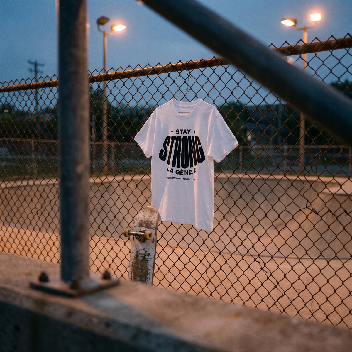 T-shirt Gen Z blanc « Stay Strong la Gène Z » accroché au grillage d'un skatepark au crépuscule – tshirt genz pas cher CHT'M