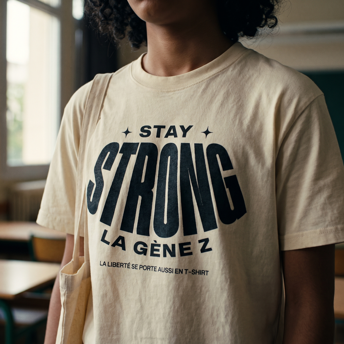 Gros plan du print noir « Stay Strong la Gène Z » sur le t-shirt Gen Z crème porté – CHT'M Boutique