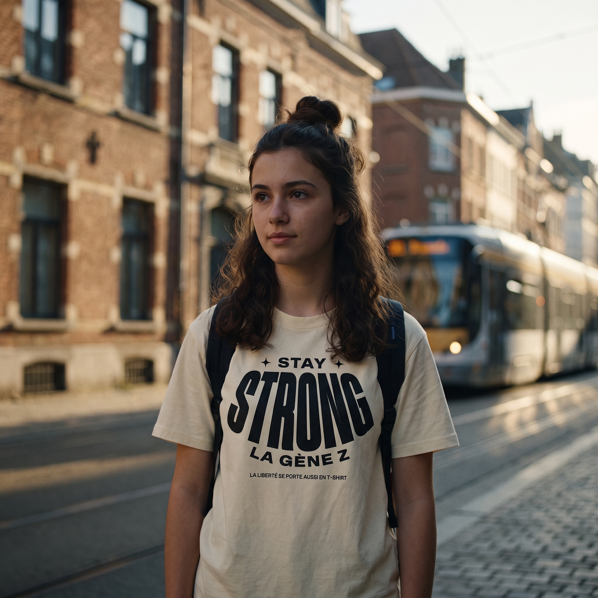 Lycéenne en t-shirt Gen Z crème « Stay Strong la Gène Z » dans une rue de Bruxelles – tshirt genz pas cher CHT'M