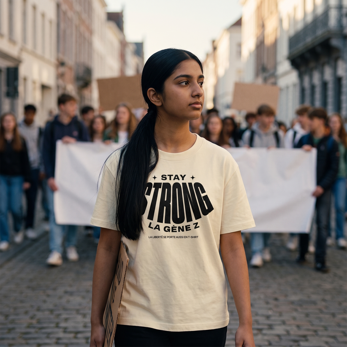 Lycéenne en t-shirt Gen Z crème « Stay Strong la Gène Z » dans une marche pacifique de lycéens – t-shirt manif pas cher CHT'M