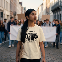 Lycéenne en t-shirt Gen Z crème « Stay Strong la Gène Z » dans une marche pacifique de lycéens – t-shirt manif pas cher CHT'M