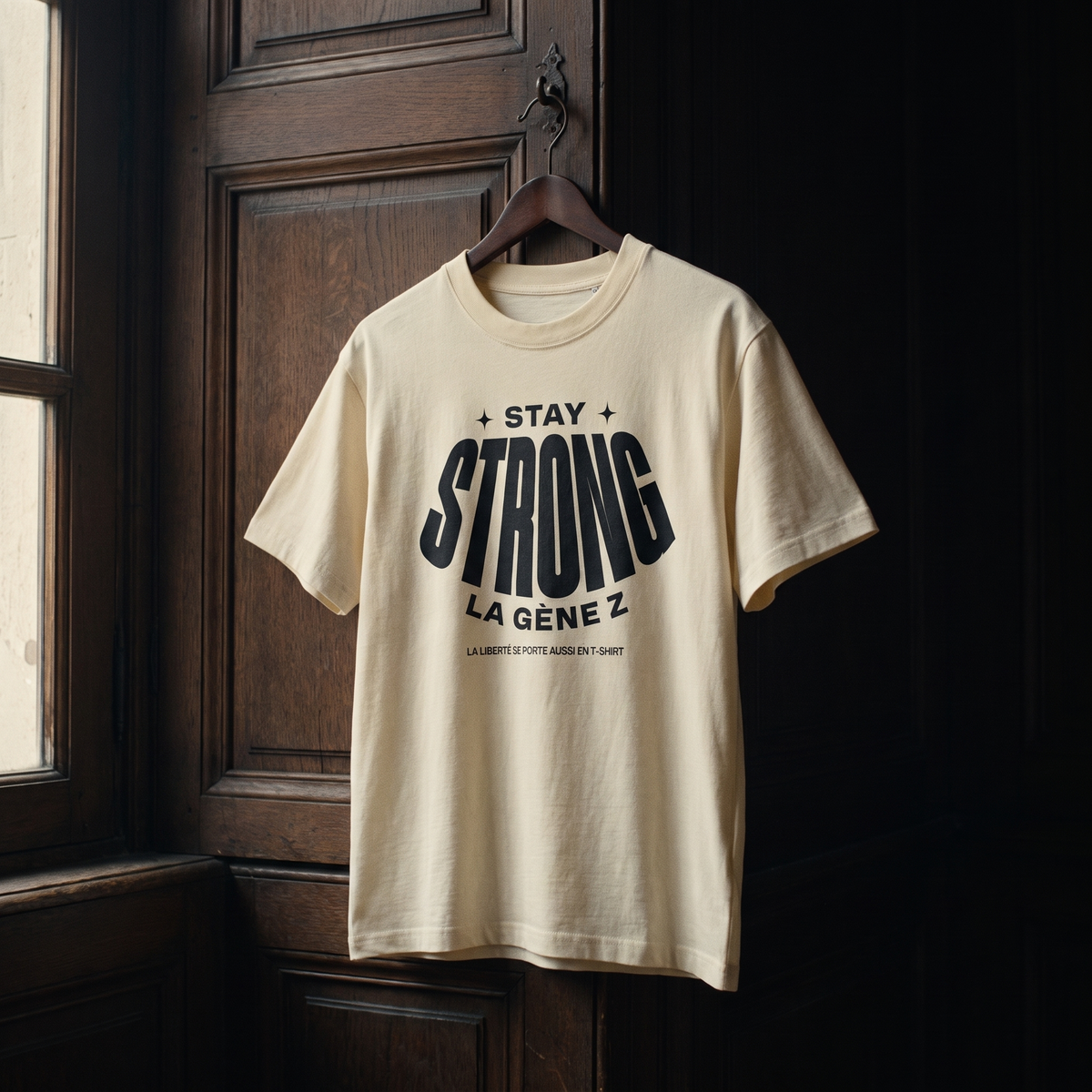 T-shirt Gen Z crème « Stay Strong la Gène Z » sur cintre en bois dans un intérieur sombre – t-shirt manif original CHT'M
