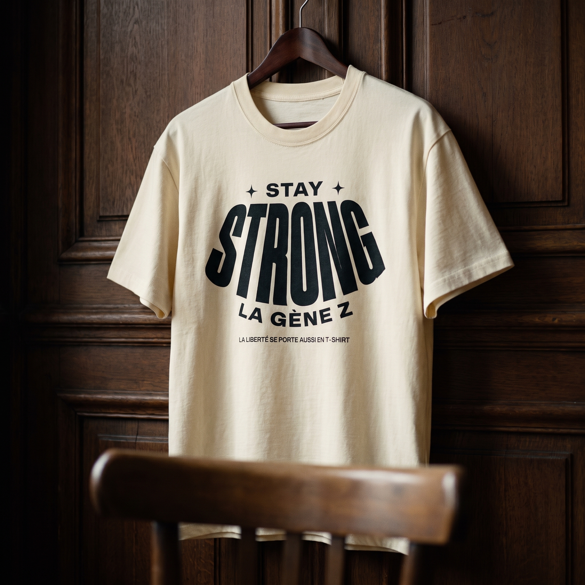 Gros plan du t-shirt Gen Z crème « Stay Strong la Gène Z » sur cintre, vue trois-quarts – CHT'M Boutique