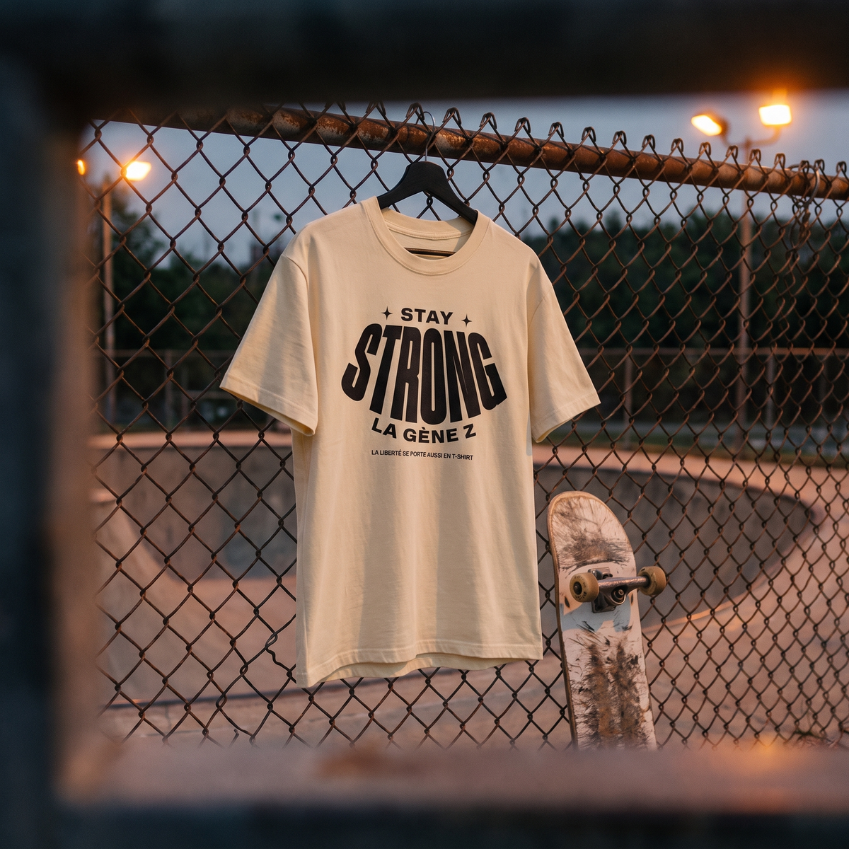 T-shirt Gen Z crème « Stay Strong la Gène Z » accroché au grillage d'un skatepark au crépuscule – tshirt genz pas cher CHT'M