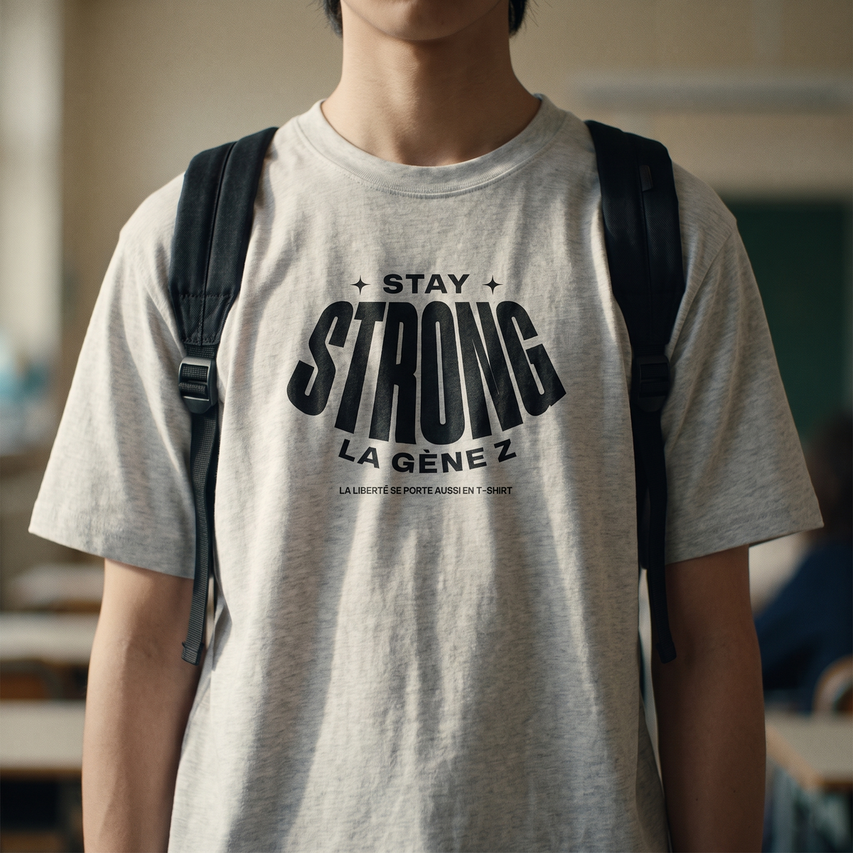 Gros plan du print noir « Stay Strong la Gène Z » sur le t-shirt Gen Z gris avoine porté – CHT'M Boutique