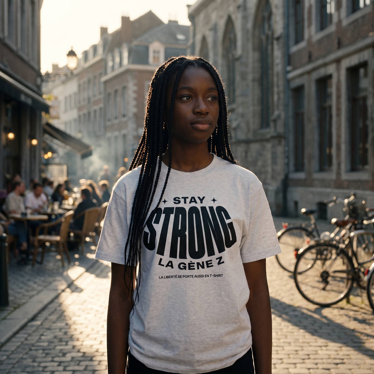Lycéenne en t-shirt Gen Z gris avoine « Stay Strong la Gène Z » dans le quartier étudiant de Liège – tshirt genz pas cher CHT'M