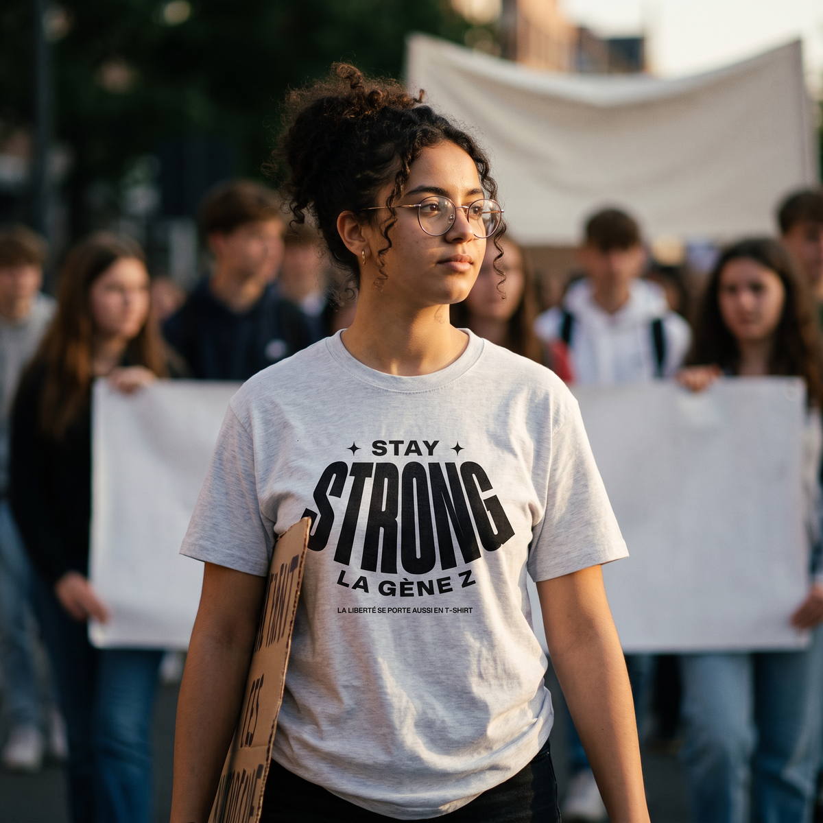Lycéenne en t-shirt Gen Z gris avoine « Stay Strong la Gène Z » dans une marche pacifique de lycéens – t-shirt manif pas cher CHT'M