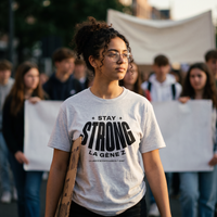 Lycéenne en t-shirt Gen Z gris avoine « Stay Strong la Gène Z » dans une marche pacifique de lycéens – t-shirt manif pas cher CHT'M