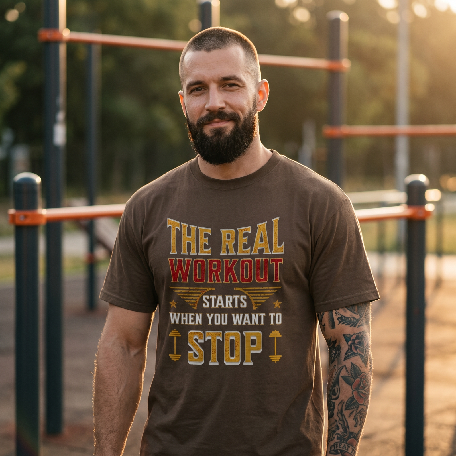 T-shirt oversized heavyweight marron porté par un homme, print The Real Workout Starts When You Want To Stop, street workout