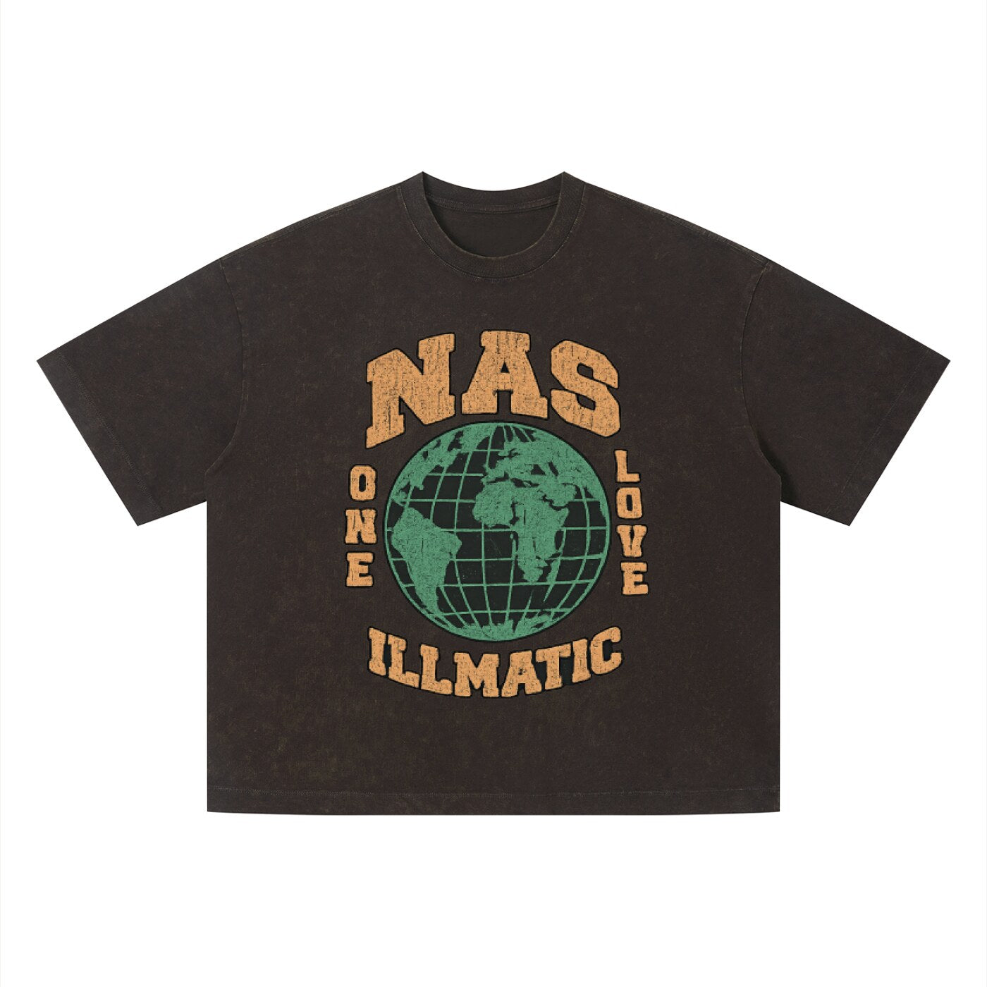 T-shirt hip-hop Nas Illmatic aubergine foncé, imprimé globe One Love orange