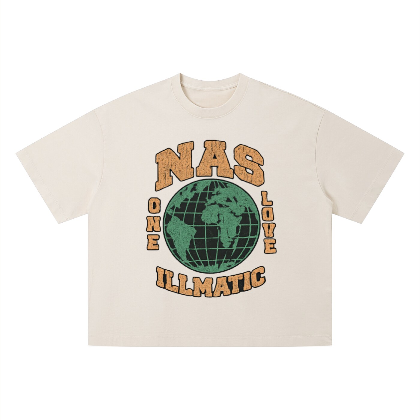 T-shirt hip-hop Nas Illmatic écru, imprimé globe One Love orange