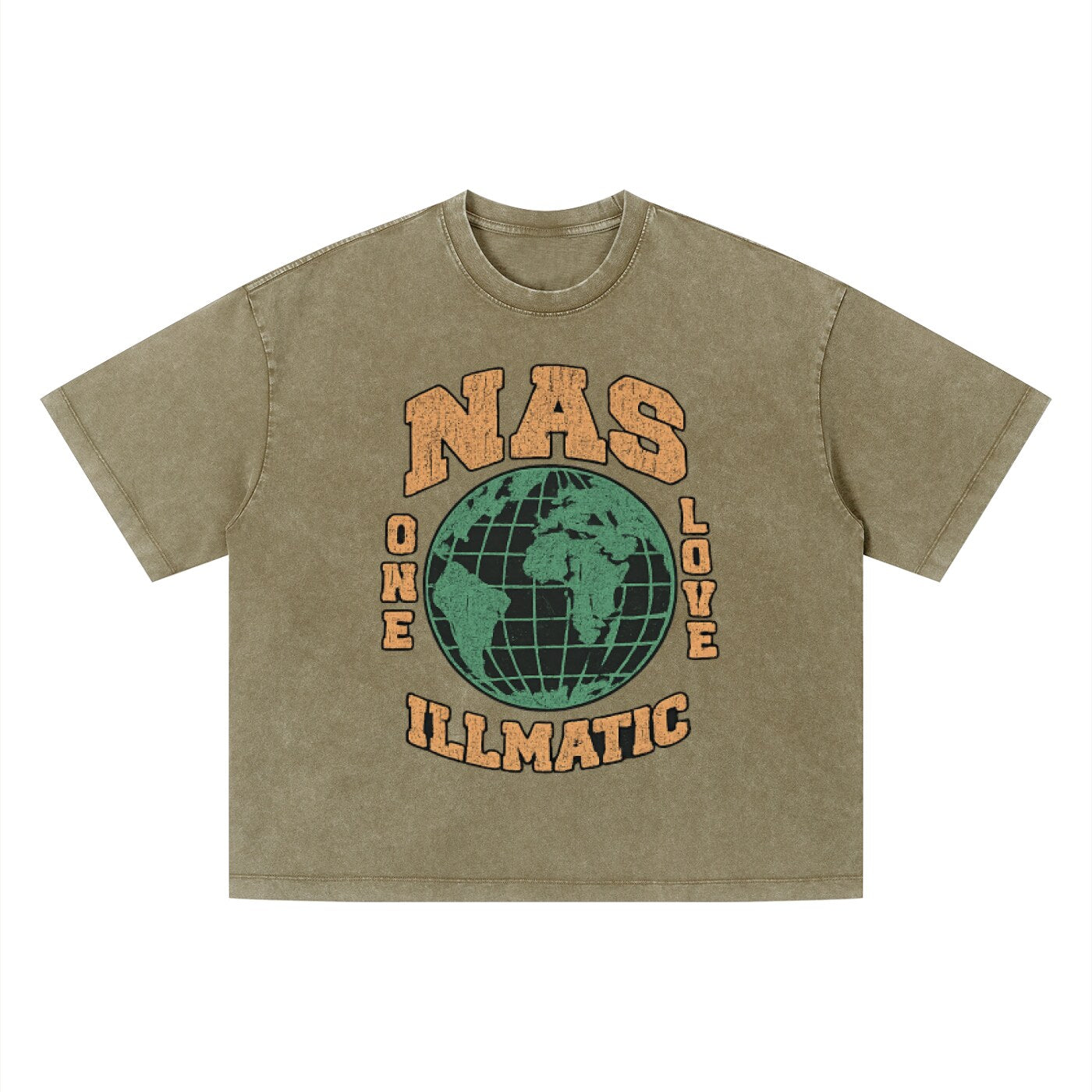 T-shirt hip-hop Nas Illmatic kaki olive, imprimé globe One Love orange