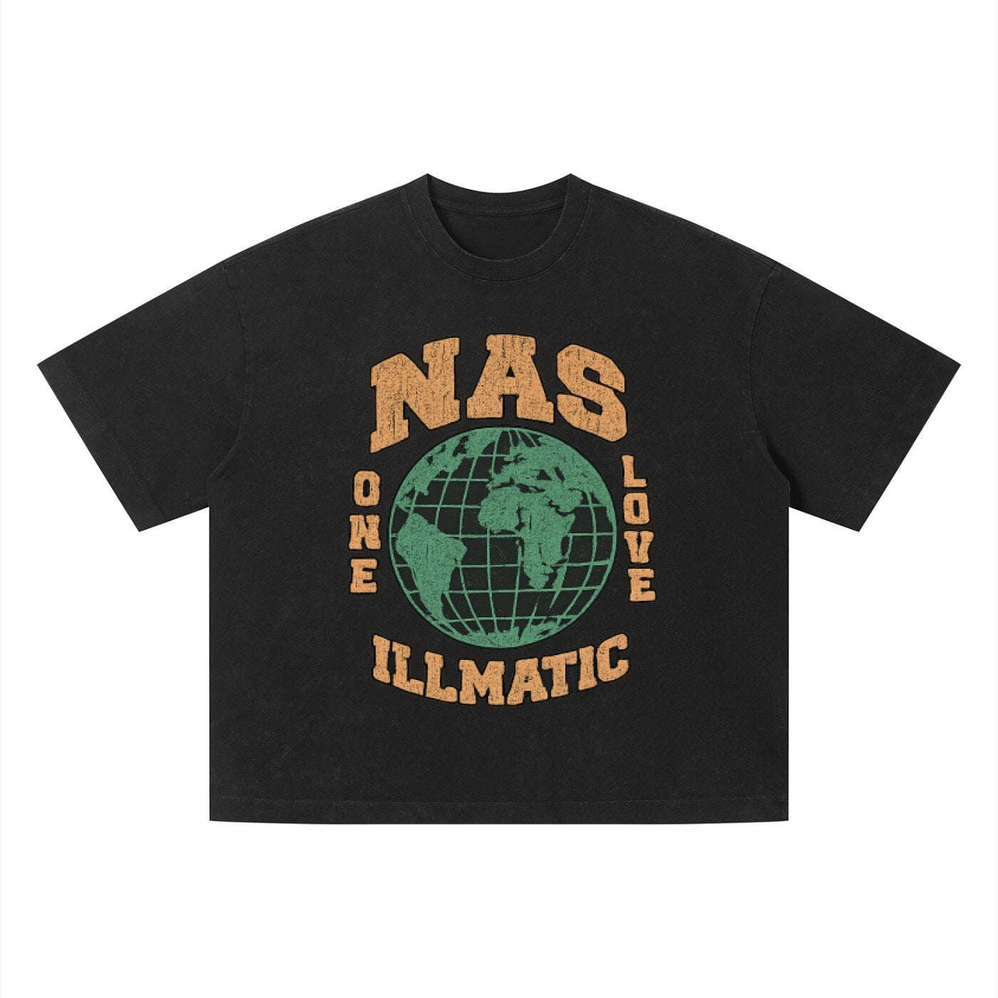 T-shirt hip-hop Nas Illmatic noir délavé, imprimé globe One Love orange