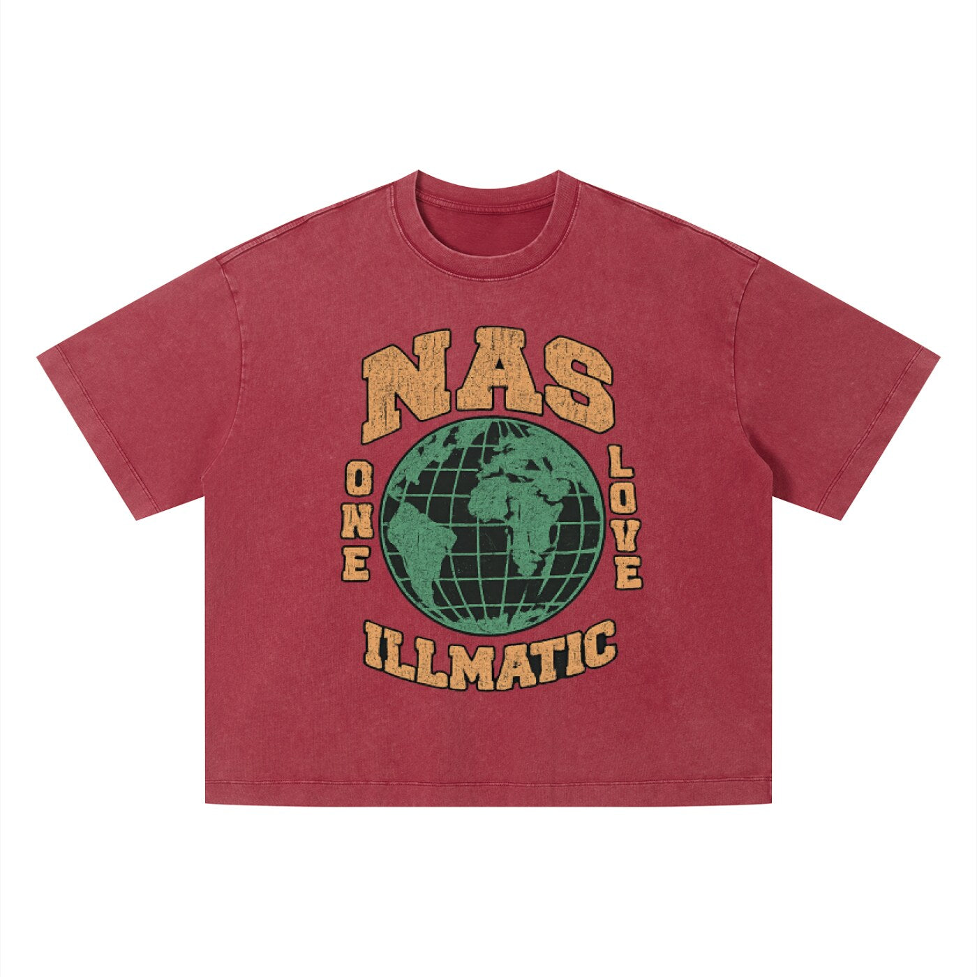 T-shirt hip-hop Nas Illmatic rouge brique délavé, imprimé globe One Love orange