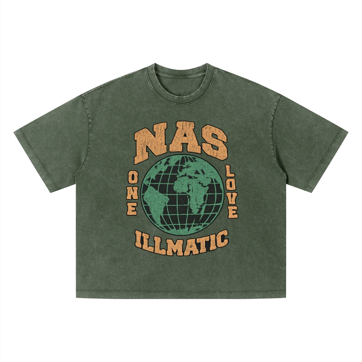T-shirt hip-hop Nas Illmatic vert forêt, imprimé globe One Love orange sur le devant